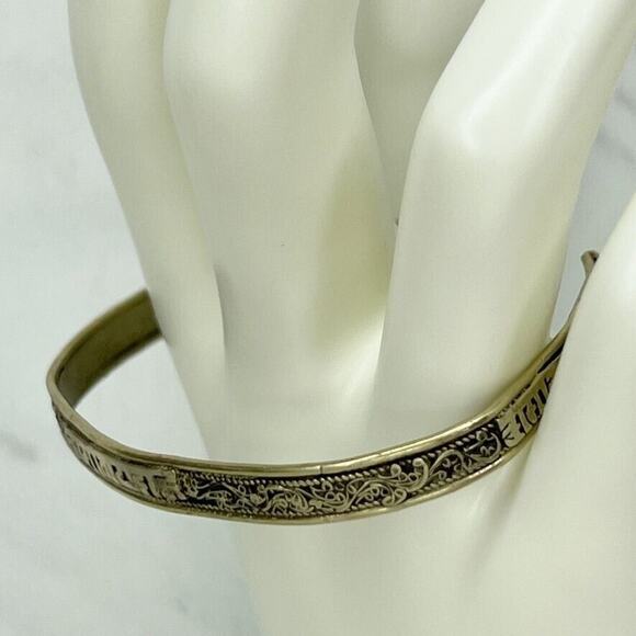 Hindi Embossed Thin Silver Tone Cuff Bracelet - Picture 5 of 7